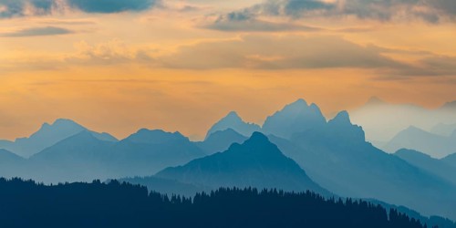 Mountain panorama from Grünten, 1783m, to the Tannheim mountains, Allgäu Alps, Tyrol, Austria,