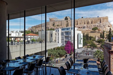 View of the Acropolis from the museum restaurant, Acropolis Museum, architect Bernard Tschumi,