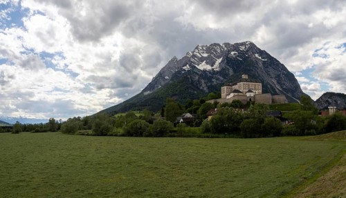 Thunderclouds over the Grimming massif, Trautenfels Castle, near Trautenfels, Styria, Austria,