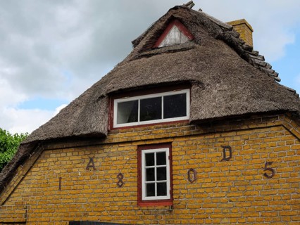 Traditional house with thatched roof and yellow bricks in a rural setting, Maasholm,