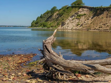 A scenic lakeshore with a piece of driftwood in the foreground and steep cliffs in the background,