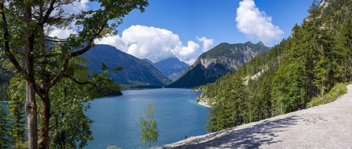 Plansee and Ammergau Alps, behind it the Thaneller, 2143m, Lechtal Alps, Tyrol, Austria, Europe