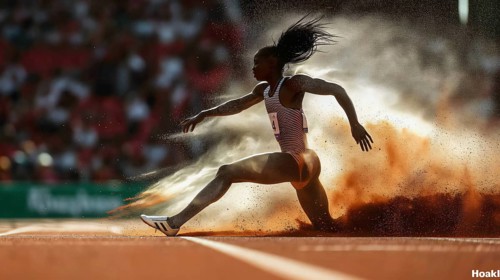 A sprinter kicks up orange dust as they powerfully race down the track, showcasing dynamic