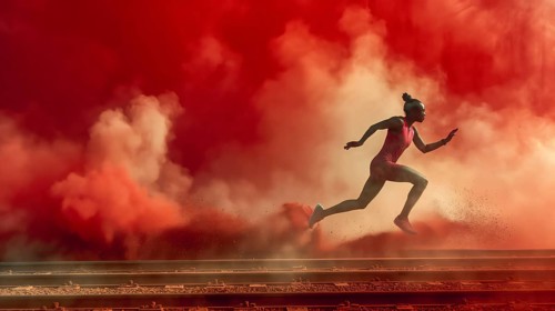 A runner dashes through red smoke in an outdoor setting, highlighting dynamic movement and athletic