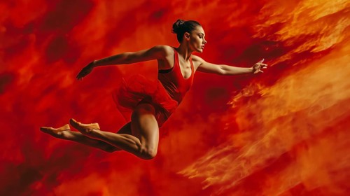 A dancer in a red outfit strikes a dynamic pose against an intense red background, creating a sense
