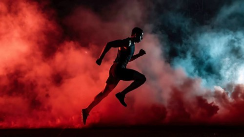 A silhouette of a runner against a dramatic backdrop of red and blue smoke at night, AI generated