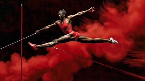 A pole vaulter in a red outfit leaps through red smoke, exhibiting strength and agility, AI