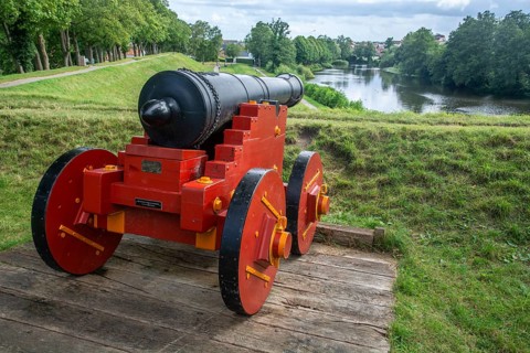 Old cannon at Nyborg medieval castle, in Nyborg, Funen, Fyn, Fyn Island, Denmark, Scandinavia,