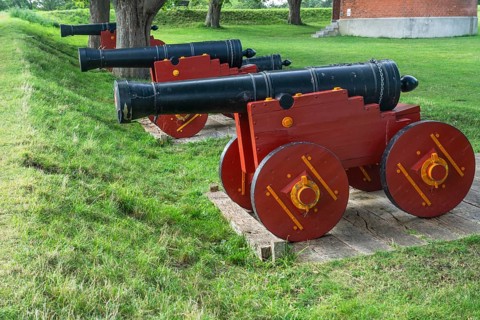 Old cannons at Nyborg medieval castle, in Nyborg, Funen, Fyn, Fyn Island, Denmark, Scandinavia,