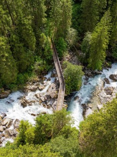 Wooden bridge over a rushing river, surrounded by dense trees and rocks, Zillertal, Austria,