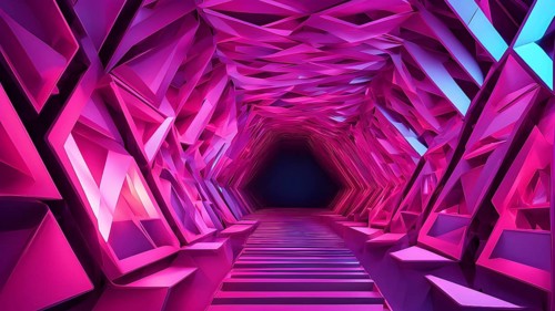 Abstract geometric pattern tunnel structure embodying data streams and communication in magenta