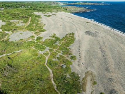Prehistoric cairns and rock formations at beach Molen, west of Larvik, aerial view, Norway, Europe
