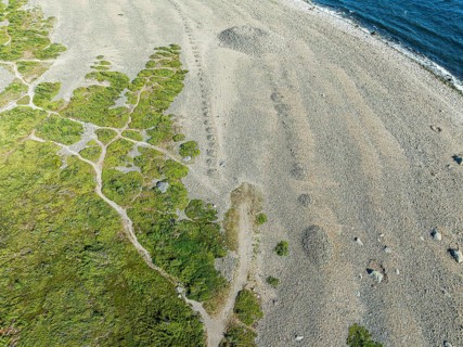 Prehistoric cairns and rock formations at beach Molen, west of Larvik, aerial view, Norway, Europe