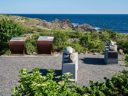 Exhibition of different rock types moved by glacial streams, beach Molen, west of Larvik, Norway,