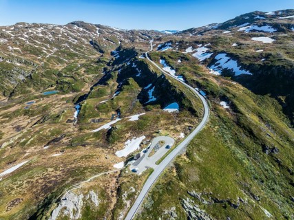 Aerial view of mountain crossing Sognefjellsvegen, mountain pass over the Sognefjellet, touristic