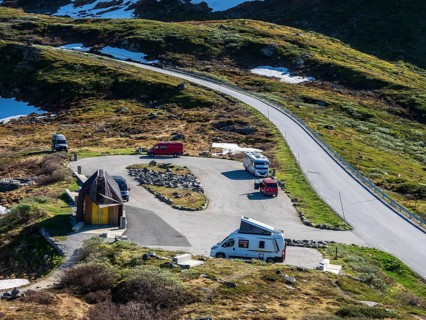 Mountain crossing Sognefjellsvegen, mountain pass over the Sognefjellet, touristic road, camper