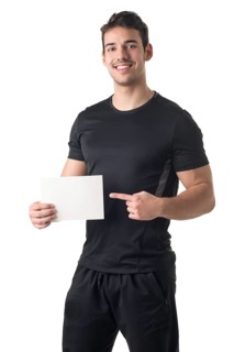 Male Personal Trainer Holding an Empty Card, isolated in white