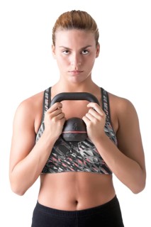 Fit woman working out with a kettlebel and similingl, isolated in white