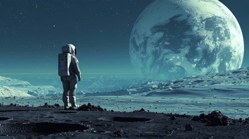 Astronaut standing on the moon's surface, looking at a large earth filling the sky and surrounded