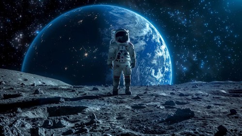Astronaut on the moon with a brightly illuminated earth and starry night sky, with craters
