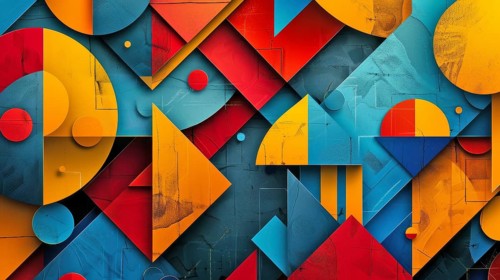 Contemporary abstract art featuring multicolored geometric shapes such as triangles and rectangles,