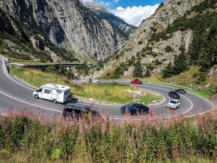 Rush hour on mountain pass Goschenen south of Andermatt, Switzerland, Europe