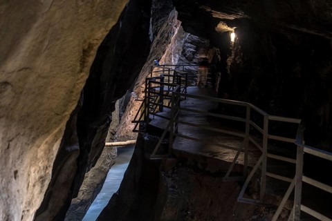 Illuminated narrow section of gorge Aareschlucht, Aare Gorge, Haslital, Switzerland, Europe