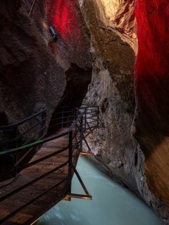 Illuminated narrow section of gorge Aareschlucht, Aare Gorge, Haslital, Switzerland, Europe