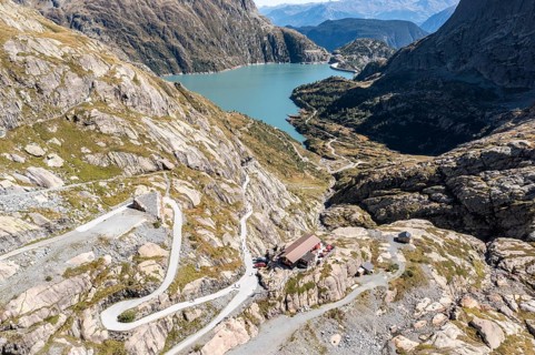 Aerial view of reservoir Lac d' Emosson, mountain hut Cabane Vieux Emosson, Finhaut, Switzerland,