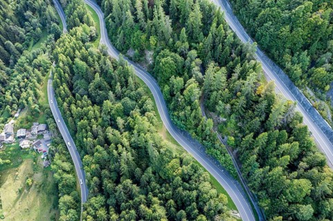 Aerial view of mountain road Martigny, Forclaz, Switzerland, Europe