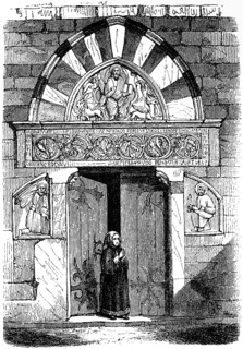 Portal of the church in Villeneuve-lès-Maguelone, France, entrance, woman, relief, wall, church