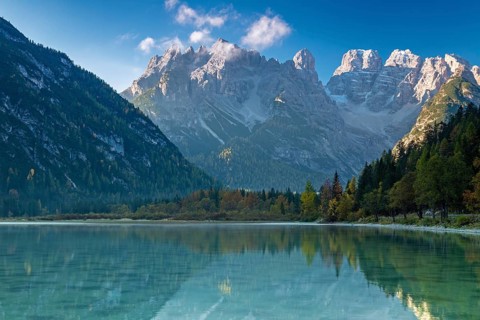 Lake Dürrensee in front of Monte Cristallo in the morning, Dolomites, South Tyrol