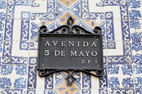 Mexico City, Mexico, Central America, Decorative street sign with blue and white tiles indicating