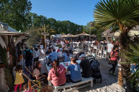 Summer oasis, temporary sandy beach on the island of Schütt, Nuremberg, Middle Franconia, Bavaria,
