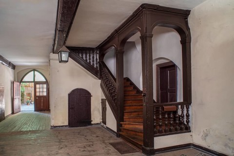 Historic entrance hall of a residential and commercial building in the old town centre, Nuremberg,