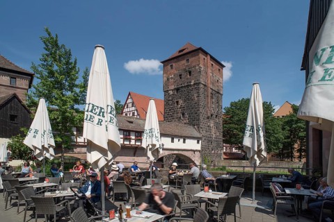 Restaurant am Henkersteg, behind the historic water tower from 1320, Nuremberg, Middle Franconia,