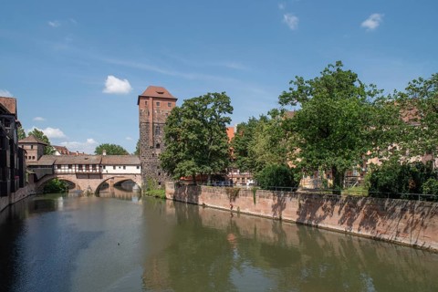 The Pegnitz with Henkersteg and the former water tower, built around 1320, Nuremberg, Middle