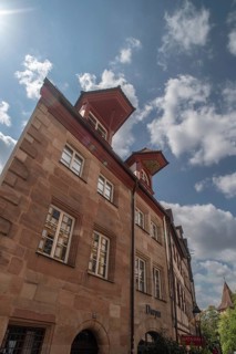 Historic residential buildings with roof lift bay windows, Weissgerbergasse, Nuremberg, Middle