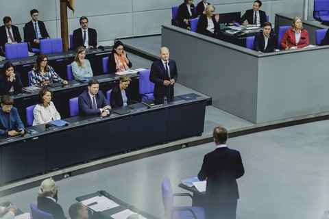 Olaf Scholz (SPD), Federal Chancellor, recorded during a government questioning in the German