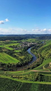 Wiltinger Saarbogen. The river winds through the valley and is surrounded by vineyards and green