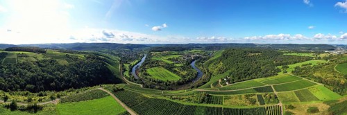 Wiltinger Saarbogen. The river winds through the valley and is surrounded by vineyards and green