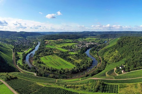 Wiltinger Saarbogen. The river winds through the valley and is surrounded by vineyards and green