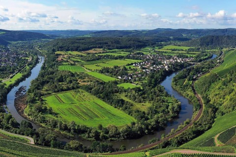 Wiltinger Saarbogen. The river winds through the valley and is surrounded by vineyards and green