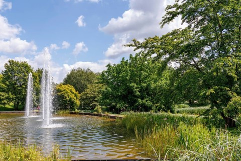 A clear pond with several water fountains, flanked by lush trees and a cloudy sky, bad zwischenahn,