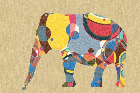 Graphic arts mosaic background with a walking elephant