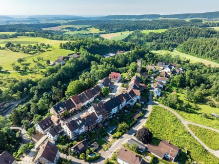 Aerial view of the old town centre of Tengen with the ruins of the Hinterburg tower, Hegau,