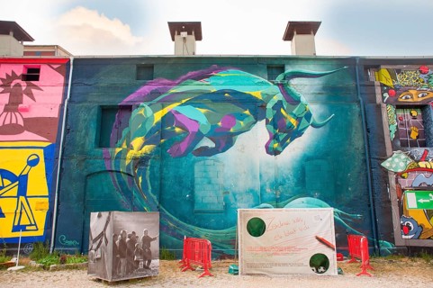 Graffiti on house wall, flying bull, former cattle yard, Munich, Bavaria