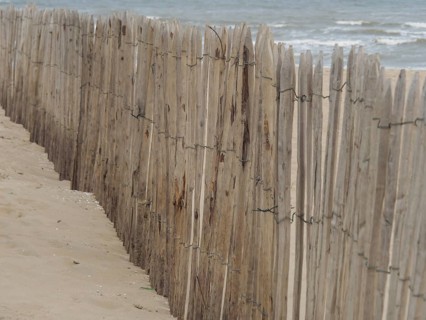 A wooden fence along a beach with a view of the sea, Leiden, Netherlands
