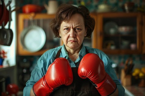 Middle-aged housewife woman in kitchen with apron, red boxing gloves and angry facial expression,