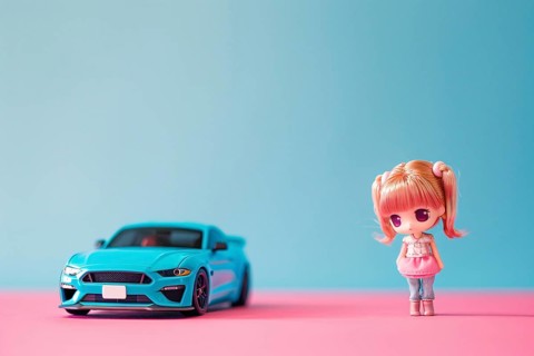 Gender stereotypical toys for children with car and doll on pink and blue background. Generative